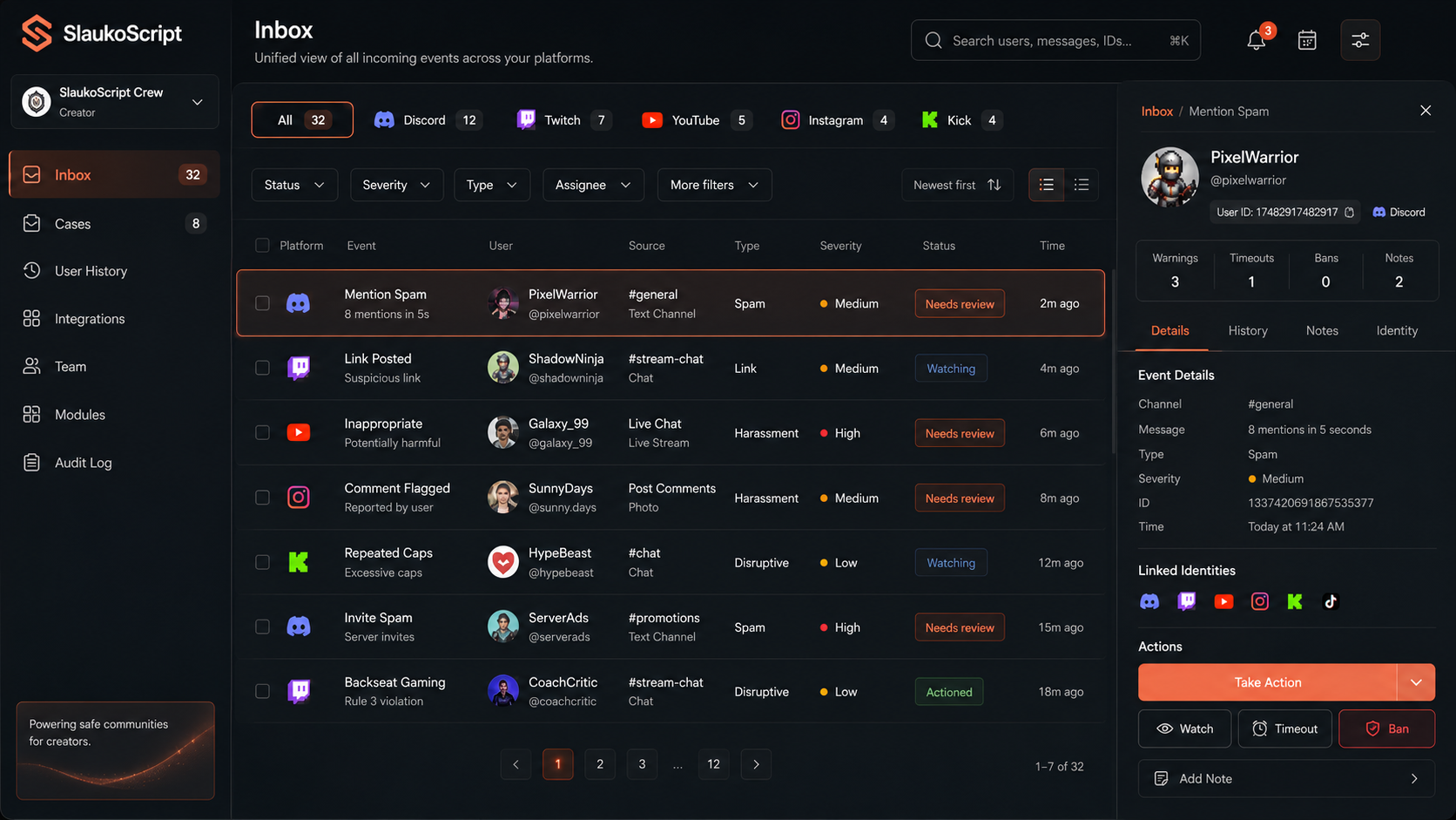 SlaukoScript dashboard showing the unified moderation inbox, selected event details, platform filters, and moderation actions.