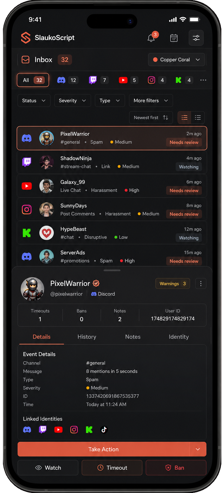 Mobile SlaukoScript moderation detail view with event details and linked identities.
